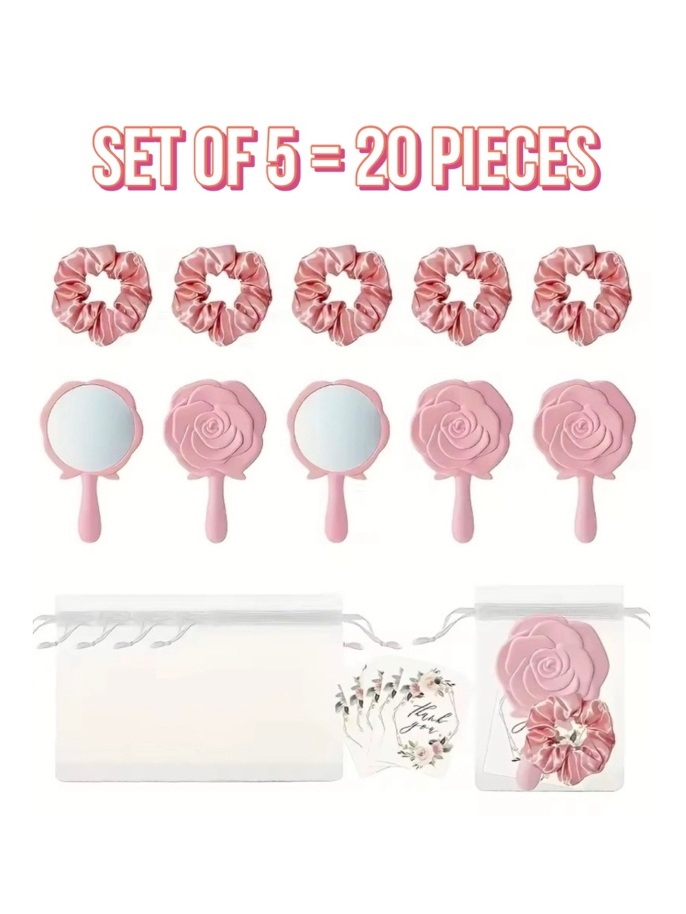 Pink Hair Scrunchies and Rose Hand Mirrors Set Of 5